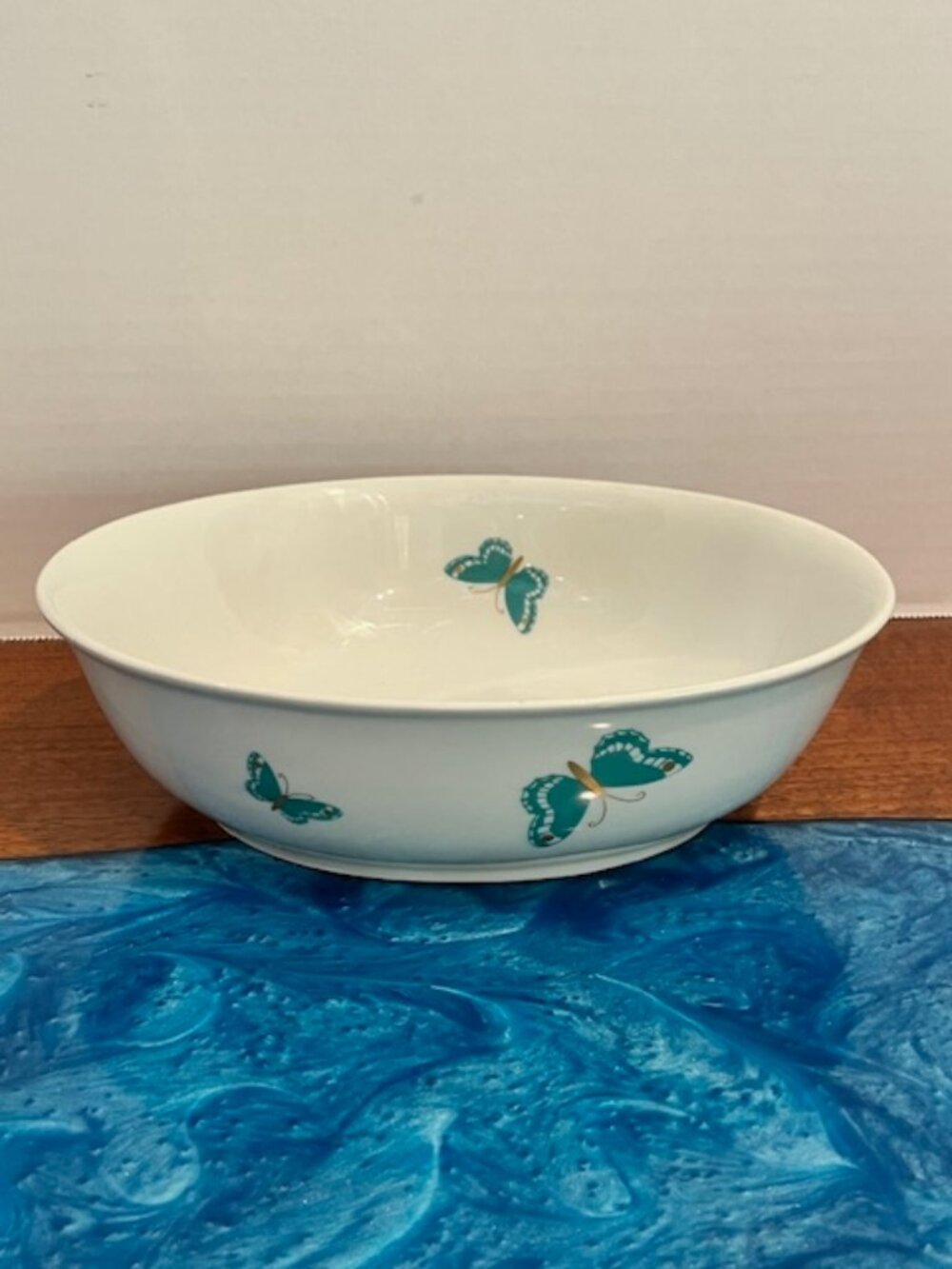 Vintage 1960's Jean Luce Blue Butterfly w/ Gold Accents Oval Serving Bowl
